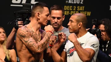 DETROIT, MI - DECEMBER 01: (L-R) Max Holloway and Jose Aldo of Brazil face off during the UFC 218 weigh-in inside Little Caesars Arena on December 1, 2017 in Detroit, Michigan. (Photo by Josh Hedges/Zuffa LLC/Zuffa LLC via Getty Images)