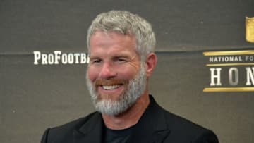 Feb 6, 2016; San Francisco, CA, USA; Brett Favre looks on during a press conference to announce the Pro Football Hall of Fame Class of 2016 at Bill Graham Civic Auditorium. Mandatory Credit: Kirby Lee-USA TODAY Sports