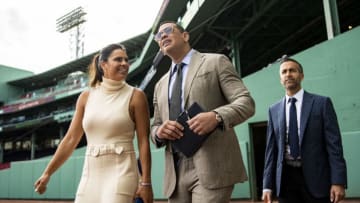 BOSTON, MA - SEPTEMBER 8: ESPN Sunday Night Baseball color commentators Jessica Mendoza, Alex Rodriguez, and Matt Vasgersian walk toward the Green Monster before a game between the Boston Red Sox and the New York Yankees on September 8, 2019 at Fenway Park in Boston, Massachusetts. (Photo by Billie Weiss/Boston Red Sox/Getty Images)