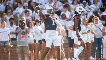Auburn football quarterback T.J. Finley (1) throws the ball during warm ups before Auburn Tigers take on Mercer Bears at Jordan-Hare Stadium in Auburn, Ala., on Saturday, Sept. 3, 2022.