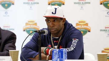 Head Coach Deion Sanders of the Jackson State Tigers talk with the media during (Photo by Don Juan Moore/Getty Images)