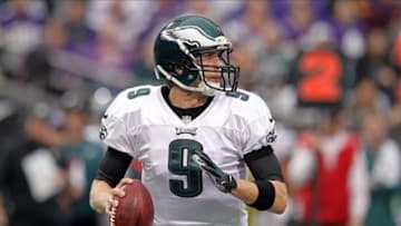 Dec 15, 2013; Minneapolis, MN, USA; Philadelphia Eagles quarterback Nick Foles (9) throws during the first quarter against the Minnesota Vikings at Mall of America Field at H.H.H. Metrodome. Mandatory Credit: Brace Hemmelgarn-USA TODAY Sports