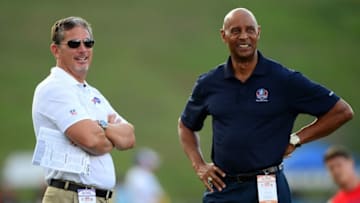 Aug 3, 2014; Canton, OH, USA; Buffalo Bills defensive coordinator Jim Schwartz talks with NFL former player James Lofton prior to the 2014 Pro Football Hall of Fame game against the New York Giants at Fawcett Stadium. Mandatory Credit: Andrew Weber-USA TODAY Sports