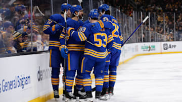 BOSTON, MA - DECEMBER 31: Alex Tuch #89 of the Buffalo Sabres celebrates his goal against the Boston Bruins during the second period with his teammates Owen Power #25, Tage Thompson #72, Ilya Lyubushkin #46 and Jeff Skinner #53 at the TD Garden on December 31, 2022 in Boston, Massachusetts. The Sabres won 4-3 in overtime. (Photo by Richard T Gagnon/Getty Images)