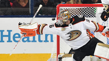COLUMBUS, OH - DECEMBER 15: Goaltender John Gibson #36 of the Anaheim Ducks defends the net against the Columbus Blue Jackets on December 15, 2018 at Nationwide Arena in Columbus, Ohio. (Photo by Jamie Sabau/NHLI via Getty Images)