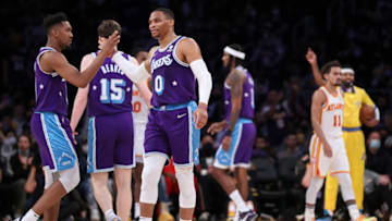 LOS ANGELES, CALIFORNIA - JANUARY 07: Russell Westbrook #0 of the Los Angeles Lakers celebrates his basket against the Atlanta Hawks with Malik Monk #11 in the first half at Crypto.com Arena on January 07, 2022 in Los Angeles, California. NOTE TO USER: User expressly acknowledges and agrees that, by downloading and or using this photograph, User is consenting to the terms and conditions of the Getty Images License Agreement. (Photo by Meg Oliphant/Getty Images)