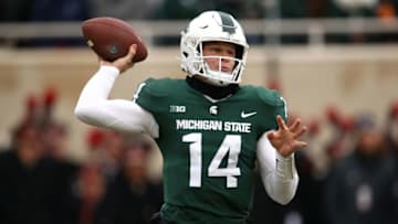 EAST LANSING, MI - NOVEMBER 10: Brian Lewerke #14 of the Michigan State Spartans throws a first half pass while playing the Ohio State Buckeyes at Spartan Stadium on November 10, 2018 in East Lansing, Michigan. (Photo by Gregory Shamus/Getty Images)