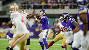 MINNEAPOLIS, MN - AUGUST 27: Taylor Heinicke #6 of the Minnesota Vikings passes the ball against the San Francisco 49ers in the preseason game on August 27, 2017 at U.S. Bank Stadium in Minneapolis, Minnesota. The Vikings defeated the 49ers 32-31. (Photo by Hannah Foslien/Getty Images)