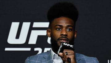 LAS VEGAS, NEVADA - MARCH 04: In this handout image provided by UFC, Aljamain Sterling interacts with media during the UFC 259 press conference at UFC APEX on March 04, 2021 in Las Vegas, Nevada. (Photo by Jeff Bottari/Zuffa LLC via Getty Images)