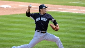 Mar 31, 2015; Fort Myers, FL, USA; New York Yankees pitcher Masahiro Tanaka (19) throws a pitch in the third inning of the spring training game against the Minnesota Twins at CenturyLink Sports Complex. Mandatory Credit: Jonathan Dyer-USA TODAY Sports