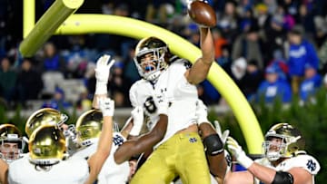 DURHAM, NORTH CAROLINA - NOVEMBER 09: Chase Claypool #83 of the Notre Dame Fighting Irish celebrates after scoring a touchdown against the Duke Blue Devils during the first quarter of their game at Wallace Wade Stadium on November 09, 2019 in Durham, North Carolina. (Photo by Grant Halverson/Getty Images)