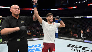 WICHITA, KS - MARCH 09: Matt Schnell reacts after submitting Louis Smolka in their bantamweight bout during the UFC Fight Night event at Intrust Bank Arena on March 9, 2019 in Wichita, Kansas. (Photo by Josh Hedges/Zuffa LLC/Zuffa LLC via Getty Images)
