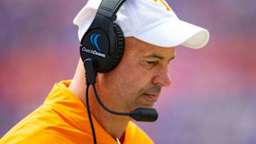 GAINESVILLE, FL- SEPTEMBER 21: Head coach Jeremy Pruitt of the Tennessee Volunteers looks on during the first half of the game against the Florida Gators at Ben Hill Griffin Stadium on September 21, 2019 in Gainesville, Florida. (Photo by Carmen Mandato/Getty Images)