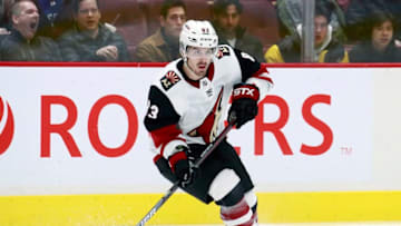 VANCOUVER, BC - JANUARY 16: Conor Garland #83 of the Arizona Coyotes skates up ice during their NHL game against the Vancouver Canucks at Rogers Arena January 16, 2020 in Vancouver, British Columbia, Canada. (Photo by Jeff Vinnick/NHLI via Getty Images)"n