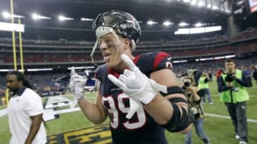 Nov 1, 2015; Houston, TX, USA; Houston Texans defensive end J.J. Watt (99) leaves the field after beating the Tennessee Titans 20-6 at NRG Stadium. Mandatory Credit: Erich Schlegel-USA TODAY Sports