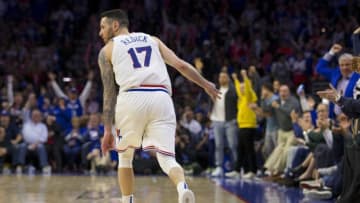 PHILADELPHIA, PA - MAY 05: JJ Redick #17 of the Philadelphia 76ers reacts against the Toronto Raptors in Game Four of the Eastern Conference Semifinals at the Wells Fargo Center on May 5, 2019 in Philadelphia, Pennsylvania. The Raptors defeated the 76ers 101-96. NOTE TO USER: User expressly acknowledges and agrees that, by downloading and or using this photograph, User is consenting to the terms and conditions of the Getty Images License Agreement. (Photo by Mitchell Leff/Getty Images)