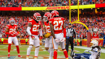 KANSAS CITY, MO - DECEMBER 29: Tyrann Mathieu #32 of the Kansas City Chiefs intercepts a second quarter pass in the end zone intended for Mike Williams #81 of the Los Angeles Chargers at Arrowhead Stadium on December 29, 2019 in Kansas City, Missouri. (Photo by David Eulitt/Getty Images)