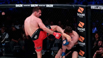 Rory MacDonald (20-5-1) and Jon Fitch (32-7-2, 1 NC) fought to a majority draw (48-46, 47-47, 47-47) – MacDonald retains the welterweight title and advances in the Welterweight World Grand Prix (photo by Bellator MMA)