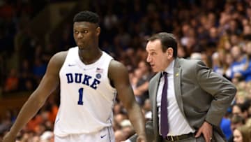 DURHAM, NORTH CAROLINA - DECEMBER 18: Head coach Mike Krzyzewski talks with Zion Williamson #1 of the Duke Blue Devils during their game against the Princeton Tigers at Cameron Indoor Stadium on December 18, 2018 in Durham, North Carolina. Duke won 101-50. (Photo by Grant Halverson/Getty Images)
