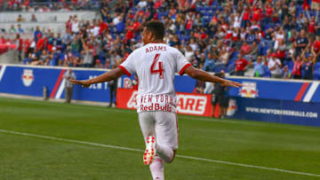 HARRISON, NJ - JUNE 23: New York Red Bulls midfielder Tyler Adams (4) celebrates after assisting on a goal during the first half of the Major League Soccer game between the New York Red Bulls and FC Dallas on June 23, 2018, at Red Bull Arena in Harrison, NJ. (Photo by Rich Graessle/Icon Sportswire via Getty Images)