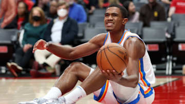 Theo Maledon #11 of the Oklahoma City Thunder reacts during the third quarter against the Portland Trail Blazers at Moda Center on March 28, 2022 in Portland, Oregon. (Photo by Abbie Parr/Getty Images)