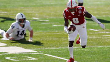Nov 14, 2020; Lincoln, Nebraska, USA; Nebraska Cornhuskers safety Deontai Williams (8) recovers a fumble by Penn State Nittany Lions quarterback Sean Clifford (14) in the first half at Memorial Stadium. Mandatory Credit: Bruce Thorson-USA TODAY Sports