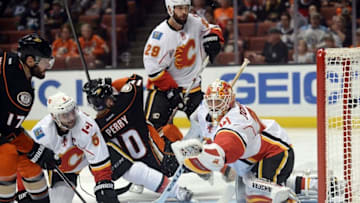 November 6, 2016; Anaheim, CA, USA; Anaheim Ducks center Ryan Kesler (17) scores a goal against the defense of Calgary Flames defenseman Mark Giordano (5) and goalie Chad Johnson (31) during the second period at Honda Center. Mandatory Credit: Gary A. Vasquez-USA TODAY Sports