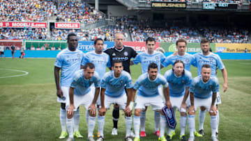 New York City FC player starting line up Josh Saunders (12), Shay Facey (24), Andoni Iraola (51), Angelino (69), Chris Wingert (17), Mehdi Ballouchy, (20), Javier Calle (30), Andrew Jacobson (4), Thomas McNamara (15), Kwadwo Poku (88), and Captain David Villa during the 2015 MLS Match between New York City FC vs Orlando SC on July 26, 2015 at Yankee Stadium in Bronx, NY, USA . New York City FC won the match with a score of 5 to 3. Photo �� Ira L. Black (Photo by Ira Black/Corbis via Getty Images)