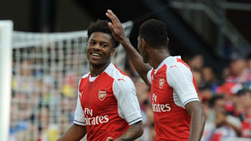 SAN JOSE, CA - JULY 28: (L) Chuba Akpom celebrates scoring the 2nd Arsenal goal with (L) Jeff Reine-Adelaide during the MLS All-Star Game between the MLS All-Stars and Arsenal at the Avaya Stadium on July 28, 2016 in San Jose, California. (Photo by Stuart MacFarlane/Arsenal FC via Getty Images)