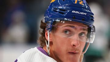 BUFFALO, NY - NOVEMBER 29: Tage Thompson #72 of the Buffalo Sabres wearing a special uniform for Hockey Fights Cancer before the game against the Seattle Kraken at KeyBank Center on November 29, 2021 in Buffalo, New York. (Photo by Kevin Hoffman/Getty Images)