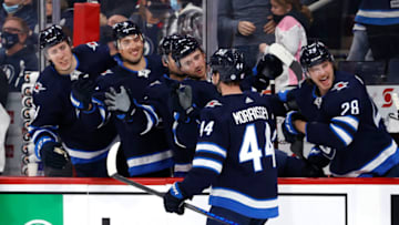Nov 2, 2021; Winnipeg, Manitoba, CAN; Winnipeg Jets defenseman Josh Morrissey (44) celebrates his second period goal against the Dallas Stars at Canada Life Centre. Mandatory Credit: James Carey Lauder-USA TODAY Sports