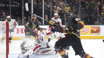 LAS VEGAS, NV - MAY 30: Braden Holtby #70 of the Washington Capitals makes a diving stick-save on Alex Tuch #89 of the Vegas Golden Knights during the third period in Game Two of the 2018 NHL Stanley Cup Final at T-Mobile Arena on May 30, 2018 in Las Vegas, Nevada. (Photo by Bruce Bennett/Getty Images)