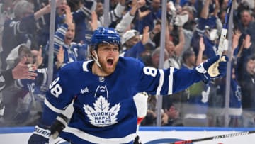 May 12, 2023; Toronto, Ontario, CAN; Toronto Maple Leafs forward William Nylander (88) celebrates after scoring against the Florida Panthers in the third period in game five of the second round of the 2023 Stanley Cup Playoffs at Scotiabank Arena. Mandatory Credit: Dan Hamilton-USA TODAY Sports