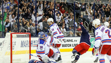 COLUMBUS, OH - OCTOBER 13: Columbus Blue Jackets left wing Artemi Panarin (9) scores a goal during the third period in a game between the Columbus Blue Jackets and the New York Rangers on October 13, 2017, at Nationwide Arena in Columbus, OH.(Photo by Adam Lacy/Icon Sportswire via Getty Images)