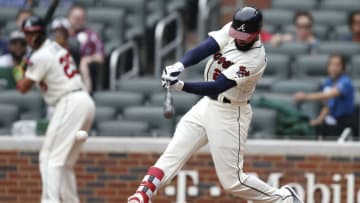 ATLANTA, GA - MAY 20: Right fielder Nick Markakis #22 of the Atlanta Braves hits an RBI single in the ninth inning during the game against the Miami Marlins at SunTrust Park on May 20, 2018 in Atlanta, Georgia. (Photo by Mike Zarrilli/Getty Images)