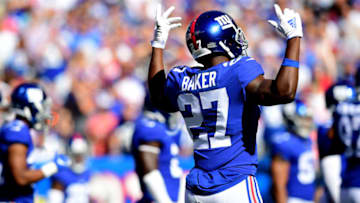 EAST RUTHERFORD, NEW JERSEY - SEPTEMBER 29: Deandre Baker #27 of the New York Giants reacts during their game against the Washington Redskins at MetLife Stadium on September 29, 2019 in East Rutherford, New Jersey. (Photo by Emilee Chinn/Getty Images)