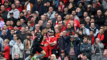 Arsenal's Brazilian midfielder Gabriel Martinelli celebrates scoring the opening goal during the English Premier League football match between Liverpool and Arsenal at Anfield in Liverpool, north west England on April 9, 2023. (Photo by Paul ELLIS / AFP) / RESTRICTED TO EDITORIAL USE. No use with unauthorized audio, video, data, fixture lists, club/league logos or 'live' services. Online in-match use limited to 120 images. An additional 40 images may be used in extra time. No video emulation. Social media in-match use limited to 120 images. An additional 40 images may be used in extra time. No use in betting publications, games or single club/league/player publications. / (Photo by PAUL ELLIS/AFP via Getty Images)