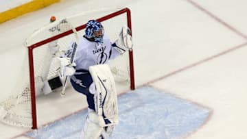 NEW YORK, NY - MAY 29: Ben Bishop #30 of the Tampa Bay Lightning celebrates after defeating the New York Rangers 2 to 0- in Game Seven of the Eastern Conference Finals during the 2015 NHL Stanley Cup Playoffs at Madison Square Garden on May 29, 2015 in New York City. (Photo by Elsa/Getty Images)