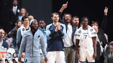 MEMPHIS, TN - APRIL 10: The Memphis Grizzlies bench reacts to play during the game against the Golden State Warriors on April 10, 2019 at FedExForum in Memphis, Tennessee. NOTE TO USER: User expressly acknowledges and agrees that, by downloading and or using this photograph, User is consenting to the terms and conditions of the Getty Images License Agreement. Mandatory Copyright Notice: Copyright 2019 NBAE (Photo by Joe Murphy/NBAE via Getty Images)