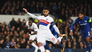 LIVERPOOL, ENGLAND - OCTOBER 19: Nabil Fekir of Lyon (18) scores their first goal from the penalty spot during the UEFA Europa League Group E match between Everton FC and Olympique Lyon at Goodison Park on October 19, 2017 in Liverpool, United Kingdom. (Photo by Ross Kinnaird/Getty Images)