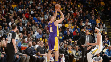 OAKLAND, CA - MARCH 14: Brook Lopez #11 of the Los Angeles Lakers shoots the ball against the Golden State Warriors on March 14, 2018 at ORACLE Arena in Oakland, California. NOTE TO USER: User expressly acknowledges and agrees that, by downloading and or using this photograph, user is consenting to the terms and conditions of Getty Images License Agreement. Mandatory Copyright Notice: Copyright 2018 NBAE (Photo by Noah Graham/NBAE via Getty Images)