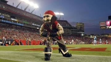 Aug 16, 2014; Tampa, FL, USA; Tampa Bay Buccaneers mascot, Captain Fear, poses during the second quarter against the Miami Dolphins at Raymond James Stadium. Mandatory Credit: Kim Klement-USA TODAY Sports
