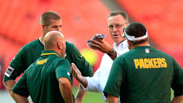 KANSAS CITY, MO - AUGUST 29: Former Green Bay Packers General Manager and current Kansas City Chiefs General Manager John Dorsey greets former staff members prior to the preseason game at Arrowhead Stadium on August 29, 2013 in Kansas City, Missouri. (Photo by Jamie Squire/Getty Images)