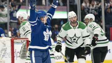 Mar 15, 2022; Toronto, Ontario, CAN; Toronto Maple Leafs defenseman Rasmus Sandin (38) celebrates scoring a goal during the first period against the Dallas Stars at Scotiabank Arena. Mandatory Credit: Nick Turchiaro-USA TODAY Sports
