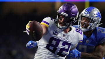 DETROIT, MI - DECEMBER 23: Kyle Rudolph #82 of the Minnesota Vikings scores a touch down in front of Glover Quin #27 of the Detroit Lions in the fourth quarter at Ford Field on December 23, 2018 in Detroit, Michigan. (Photo by Gregory Shamus/Getty Images)