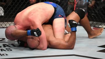 PRAGUE, CZECH REPUBLIC - FEBRUARY 23: (L-R) Stefan Struve of The Netherlands secures an arm triangle choke against Marcos Rogerio De Lima of Brazil in their heavyweight bout during the UFC Fight Night event at O2 Arena on February 23, 2019 in the Prague, Czech Republic. (Photo by Jeff Bottari/Zuffa LLC/Zuffa LLC via Getty Images)