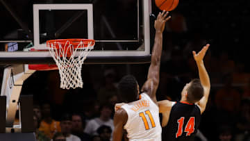 KNOXVILLE, TN - OCTOBER 31: Kyle Alexander #11 of the Tennessee Volunteers blocks a shot during the game between the Tusculum Pioneers and the Tennessee Volunteers at Thompson-Boling Arena on October 31, 2018 in Knoxville, Tennessee. (Photo by Donald Page/Getty Images)