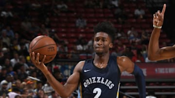 LAS VEGAS, NV - JULY 8: Kobi Simmons #2 of the Memphis Grizzlies handles the ball against the Orlando Magic during the 2018 Las Vegas Summer League on July 8, 2018 at the Thomas & Mack Center in Las Vegas, Nevada. NOTE TO USER: User expressly acknowledges and agrees that, by downloading and/or using this Photograph, user is consenting to the terms and conditions of the Getty Images License Agreement. Mandatory Copyright Notice: Copyright 2018 NBAE (Photo by Garrett Ellwood/NBAE via Getty Images)