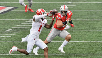 COLUMBUS, OH - NOVEMBER 21: Tuf Borland #32 of the Ohio State Buckeyes chases down the ballcarrier against the Indiana Hoosiers at Ohio Stadium on November 21, 2020 in Columbus, Ohio. (Photo by Jamie Sabau/Getty Images)