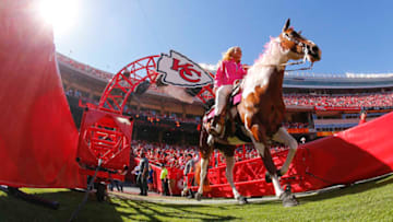 KANSAS CITY, MO - OCTOBER 13: Kansas City Chiefs cheerleader Susie rides Warpaint onto the field for the pre-game festivities before a game against the Oakland Raiders on October 13, 2013 at Arrowhead Stadium in Kansas City, Missouri. (Photo by Kyle Rivas/Getty Images)